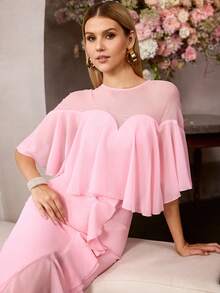 MOTF PREMIUM Váy dạ hội dài chấm đất bằng vải chiffon cổ tròn tay lửng thanh lịch dành cho nữ - Váy viền xếp nếp hình nàng tiên cá với chi tiết xẻ tà và lưng trong suốt, lý tưởng cho tiệc cưới, sinh nhật và tiệc cocktail, phong cách với hoa tai xinh xắn và giày cao gót quai mảnh - Hồng - Xem 7