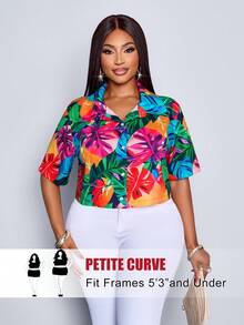 SHEIN PETITE CURVE 女士热带印花新款单排扣短款喇叭袖上衣，适合度假穿着 - 彩色 - 查看 1