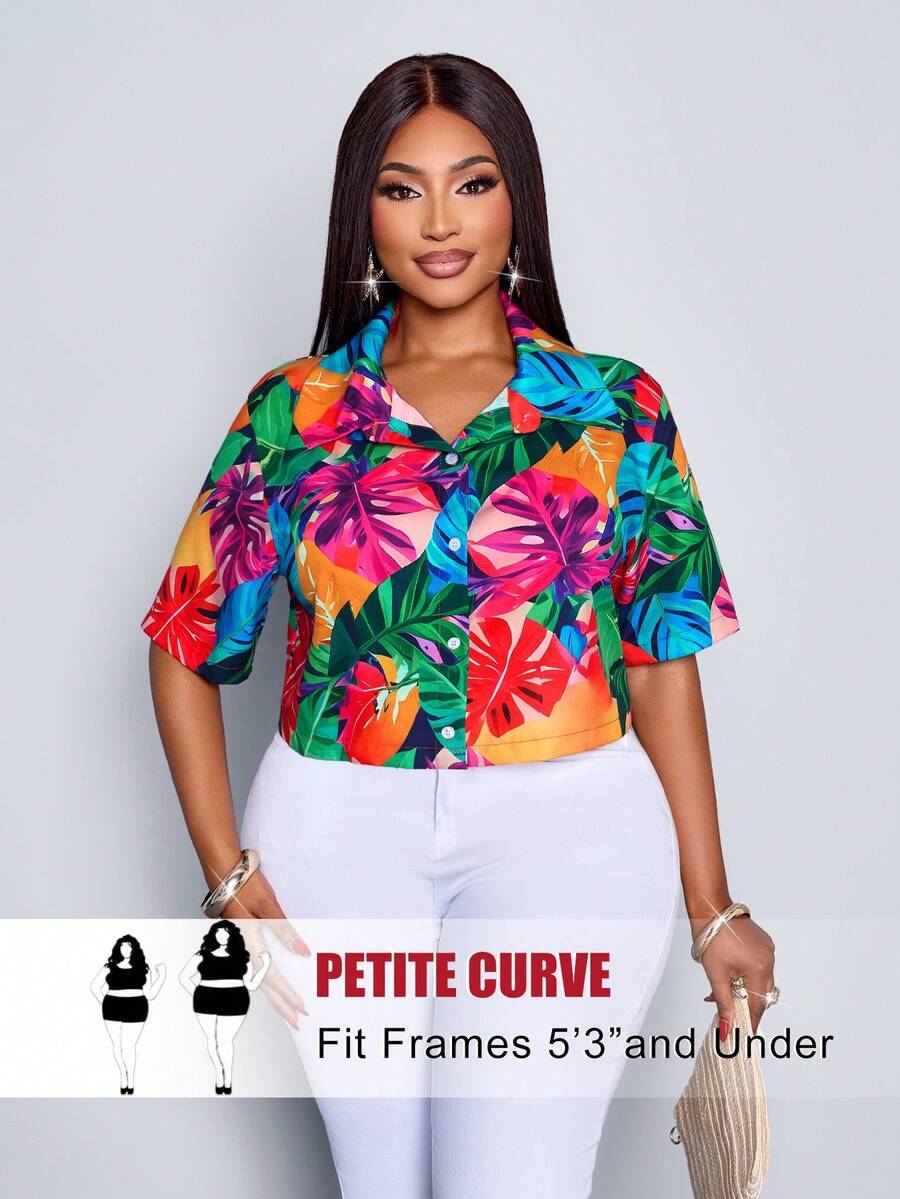 SHEIN PETITE CURVE 女士热带印花新款单排扣短款喇叭袖上衣，适合度假穿着 - 彩色 - 查看 1