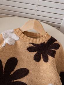 SHEIN Young Girl Floral Pattern Crew Neck Long Sleeve Sweater And Pants Set Girls Sweater Sets Winter Young Girls Sets Girls Spring And Autumn Suit Girl Clothes Autumn And Winter Clothes Girl S Spring And Autumn Suit - Camel - View 3