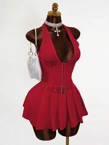 Mistrie 复古性感酒红色V领吊坠鱼骨扣腰带短裙 - 酒紅色 - 查看 5