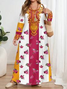 EMERY ROSE Floral Print Plus Size Long Sleeve Round Neck Dress, Suitable For Parties Carnival,Flower/Summer/Spring/Vacation - Multicolor - View 4