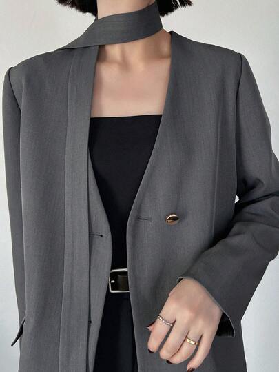 FRIFUL 女士纯色纽扣裹身优雅长袖西装外套