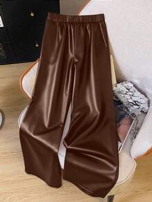 GlowEve CURVE 大码女式弹力PU皮革锥形裤，时尚简约 - 棕色 - 查看 2