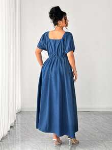 Elenzga Đầm ngắn tay thanh lịch, thắt eo, trễ vai, trang trí nơ dành cho nữ cỡ lớn - Màu xanh lam - Xem 2