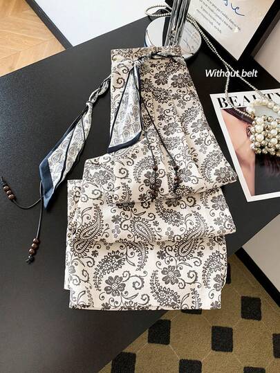 Chiquease Pantalones casuales rectos y holgados con estampado retro de paisley para mujer, primavera/verano