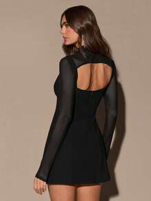 SHEIN BAE 酒红色高领长袖露背泡泡袖优雅连衣裙，适合浪漫约会、宴会、优雅外出、派对、婚礼宾客、圣诞派对、节日盛装等场合。 - 黑色 - 查看 2