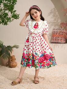 女童深绿色阿巴雅长袍，中东穆斯林女童传统服饰，碎花连衣裙，荷叶边下摆，舒适百搭，适合外出穿着，搭配手提包和金属饰边。 - 彩色 - 查看 3