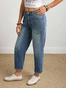 EMERY ROSE 大码女式休闲日常通勤百搭拼接口袋直筒牛仔裤 - 藍色 - 查看 7