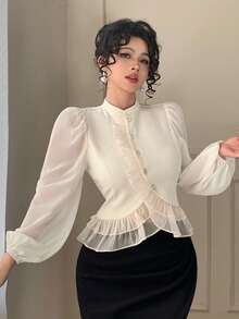 DAZY 女士蕾丝拼接优雅休闲衬衫，腰部收紧设计，适合春季、夏季、情人节、婚礼等场合。 - 白色 - 查看 9