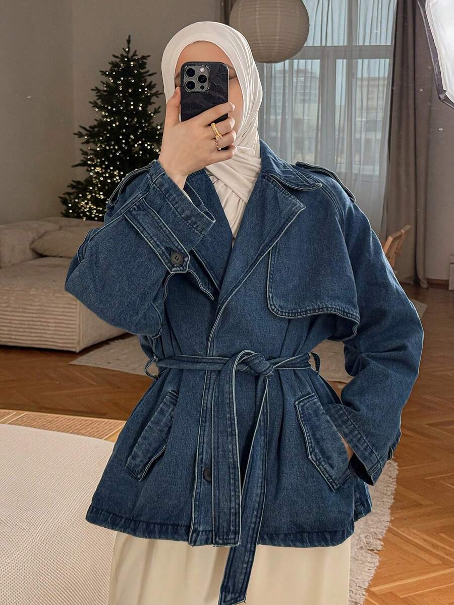 DAZY 秋冬新款宽松休闲做旧牛仔外套，女士风衣 - 藍色 - 查看 1