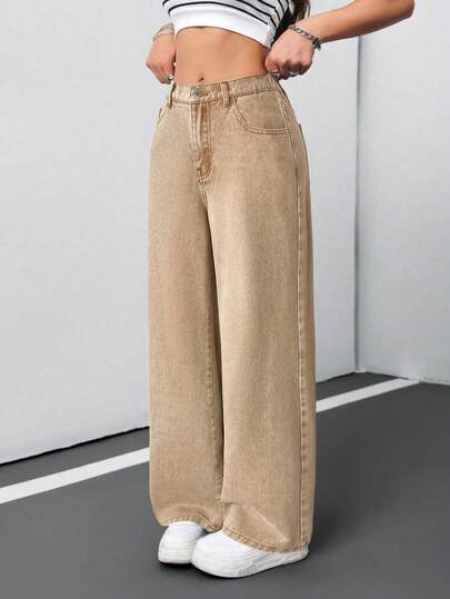 SHEIN Teen Girl Casual Everyday Washed Slant Pocket Straight Leg Jeans