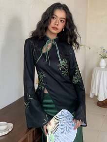 EastFlair Women's Elegant Long Sleeve Bamboo Print Cheongsam Collar Blouse Women Blouses Elegant Green Satin Dress - Black - View 3