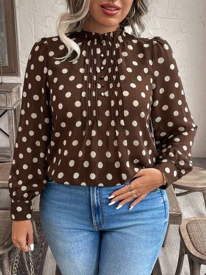 Weeklong Blusa de manga larga con cuello mao y lunares para tallas grandes