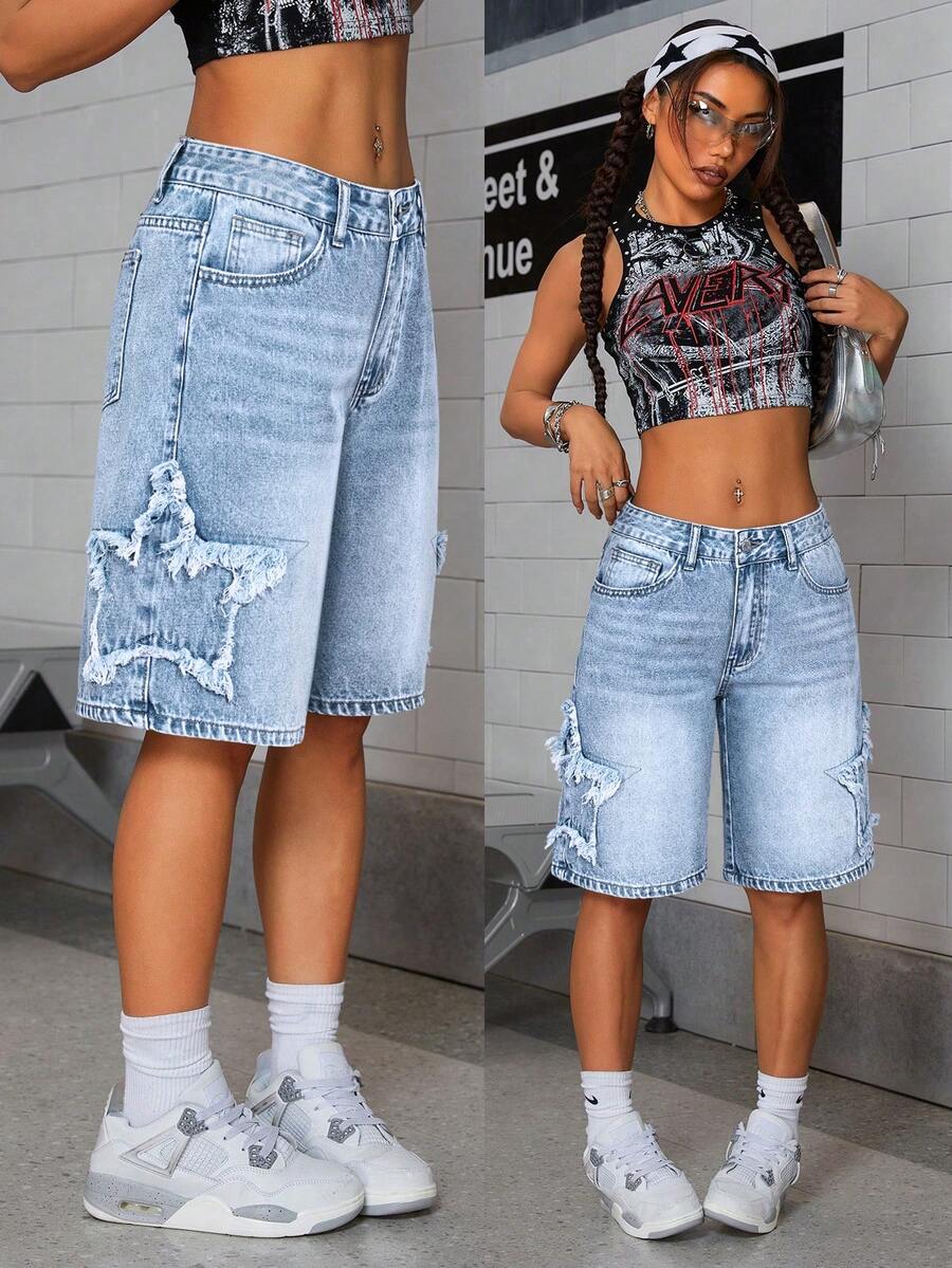 SHEIN ICON Quần short denim nữ cạp thấp, thêu hình ngôi sao, đã qua xử lý giặt. - Rửa nhẹ - Xem 1