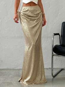 Firerie 金色纹理低腰超长鱼尾裙，金色半身裙，秋季半身裙，适合夜店派对、外出、秋季女装、复古富贵风、工作/办公室、商务休闲场合 - 金色 - 查看 2