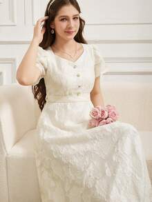 Kleid mit gewebten Ausschnitten und Perlknöpfen, elegant & modisch, geeignet für Ausflüge, Partys, Frühling/Sommer/Herbst - Beige - View 6