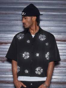 AXEPEAK Men's Casual Rhinestone Button Short Sleeve Shirt - Black - View 3