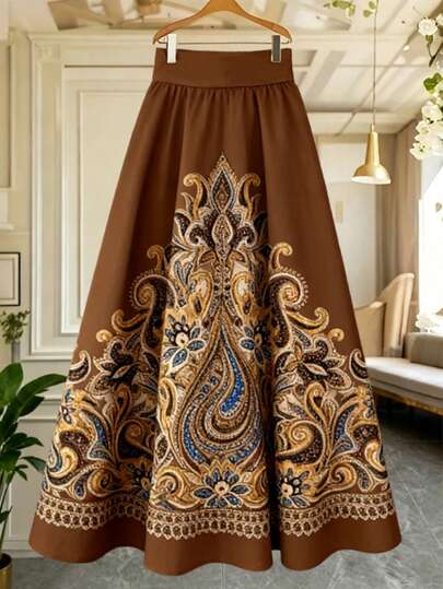 GlowEve CURVE Plus Size Women's Elegant Casual Commute Vacation Retro Large Floral Pleated Skirt