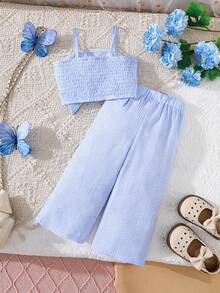 SHEIN مجموعة بنطلون كاجوال منسوج وكامسول مزخرف بالزهور لطفلة، طقم ملابس مريح للحفلات والخروجات قطعتان - الأزرق - مشاهدة 2