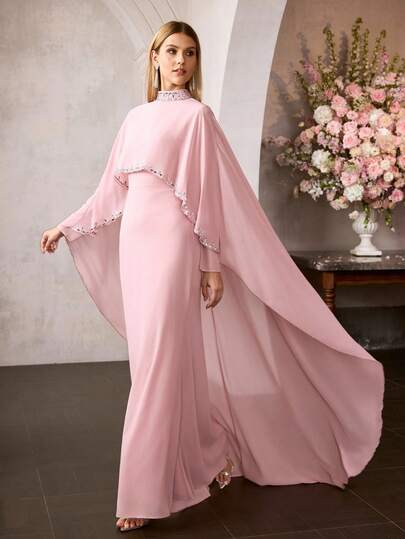 MOTF PREMIUM VESTIDO DE FIESTA DE DOS PIEZAS LARGO HASTA EL SUELO - CAPA CON CUELLO MAOÍ, ADORNOS DE CRISTAL Y FALDA ACAMPANADA DE COLA DE SIRENA, TELA DE GASA, SILUETA ENTALLADA PARA FIESTAS DE VACACIONES, BODAS Y EVENTOS FORMALES