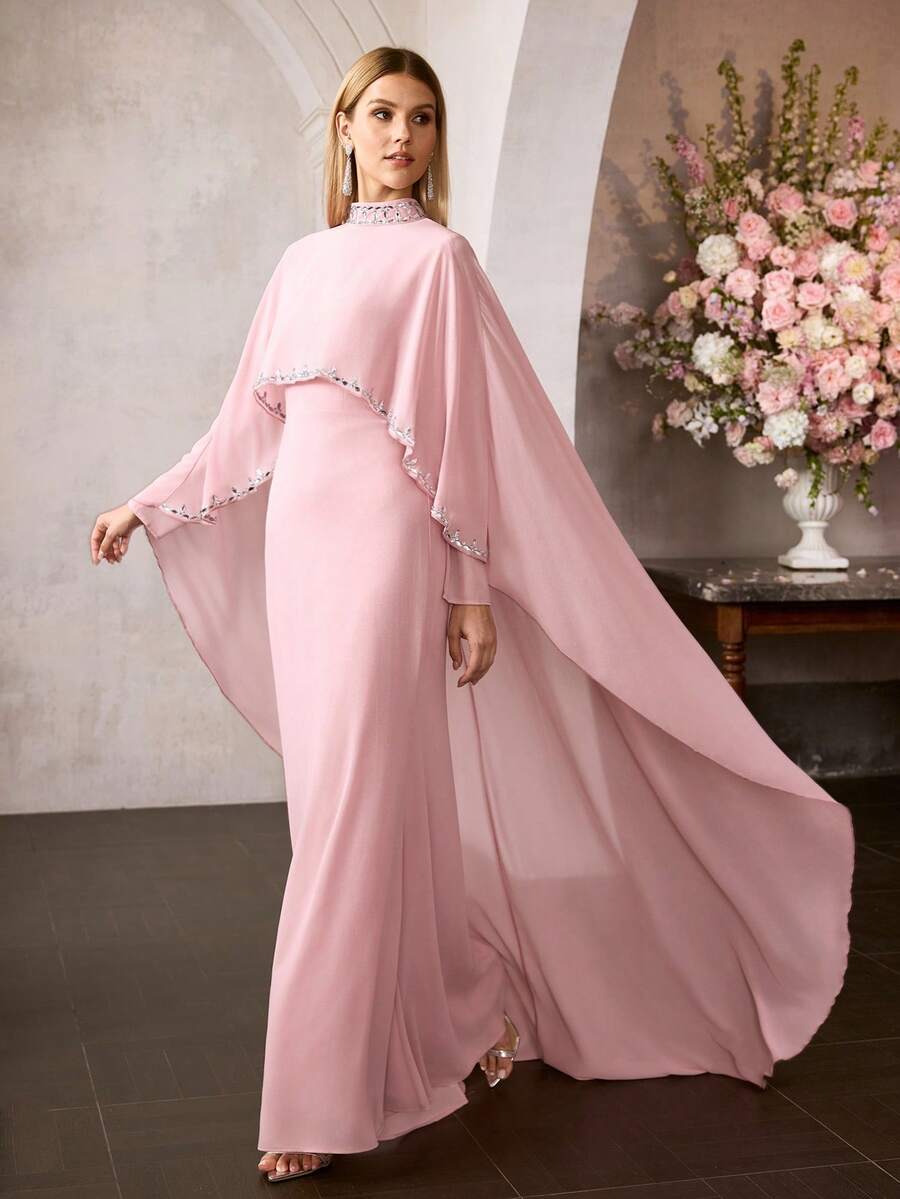 MOTF PREMIUM 女士两件式及地晚礼服——立领披肩，水晶装饰，鱼尾裙摆，雪纺面料，修身剪裁，适合节日派对、婚礼和正式场合。 - 粉色 - 查看 1