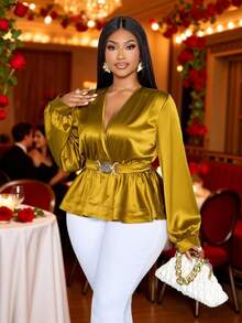 SOLERSUN 大码女装新款时尚经典金色纯色交叉深V领系带蝴蝶结长袖纽扣收腰显瘦宽松A字衬衫，后背可系带，休闲长款上衣，日常通勤百搭衬衫，适合音乐会、派对、约会、晚宴、婚礼季、日常通勤工作穿着，春季、秋季、冬季、情人节皆宜。 - 芥末黃 - 查看 1