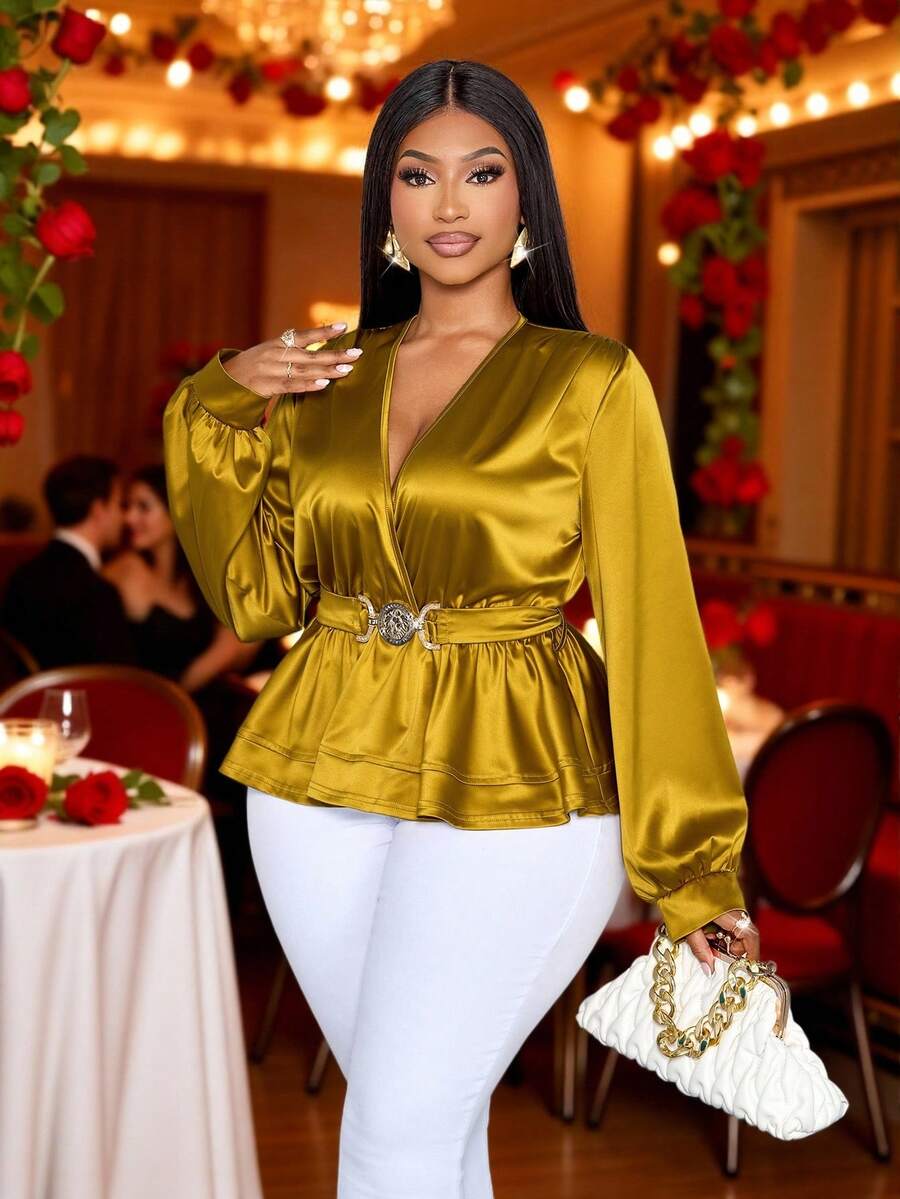 SOLERSUN 大码女装新款时尚经典金色纯色交叉深V领系带蝴蝶结长袖纽扣收腰显瘦宽松A字衬衫，后背可系带，休闲长款上衣，日常通勤百搭衬衫，适合音乐会、派对、约会、晚宴、婚礼季、日常通勤工作穿着，春季、秋季、冬季、情人节皆宜。 - 芥末黃 - 查看 1