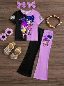 SHEIN 2pcs/Set Purple Contrast Nighttime Black, K-Pop Cartoon Girl Outing, Star Print Pattern, Young Girl Casual Minimalist Cartoon Design Round Neck Short Sleeve Top And Flare Pants Outfit, Suitable For Summer Cute Summer Outfits For Outing, Summer Kids Items, Summer Outing Items, Korean Style, Homecoming, Easy Comfort, Stylish Kids, Spring & Summer Outfits For Outing, Casual Wear, Baby & Kids Graphic Tops, Summer New Style, Spring & Summer Fashion
