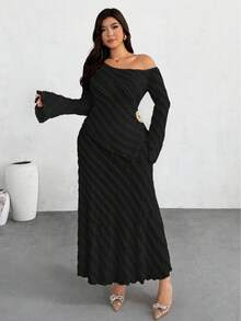 Firerie Plus Size Women's Elegant Textured Fabric Irregular Collar Flare Sleeve Fitted Top And Skirt 2 Pieces Set, Suitable For Spring/Autumn Vacation Black Dresses For Women Long Dresses - Black - View 5