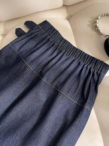 SHEIN Chân váy xếp ly denim màu xanh đậm dành cho bé gái tuổi teen, thiết kế eo thoải mái, đa năng. - Màu xanh lam - Xem 3