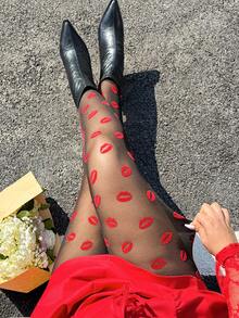 GalTyme Quần legging lưới màu đỏ quyến rũ, thời trang dành cho người có thân hình mũm mĩm, thích hợp cho ngày Valentine. - màu đen - Xem 7
