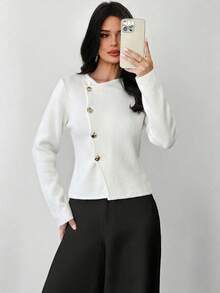 Firerie Suéter de manga larga con cuello en V profundo con flores, botones metálicos y cierre delantero para mujer, tejido de punto para uso diario y trayecto, nueva llegada para primavera, otoño e invierno - Blanco - Ver 4