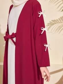 节日传统阿拉伯服饰，少女开襟羊毛衫连衣裙配头巾两件套，蝴蝶结装饰 - 彩色 - 查看 4