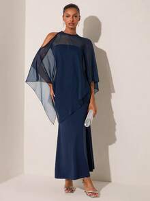 Lilora Đầm nữ màu trơn thiết kế bất đối xứng cổ shawl dáng đuôi cá thanh lịch - Màu xanh hải quân - Xem 10