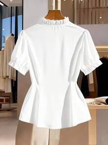 Elenzga 大码女装畅销款蝴蝶结撞色翻领短袖衬衫，法式复古优雅荷叶边下摆单排扣吊带外套，适合派对穿着 - 白色 - 查看 2