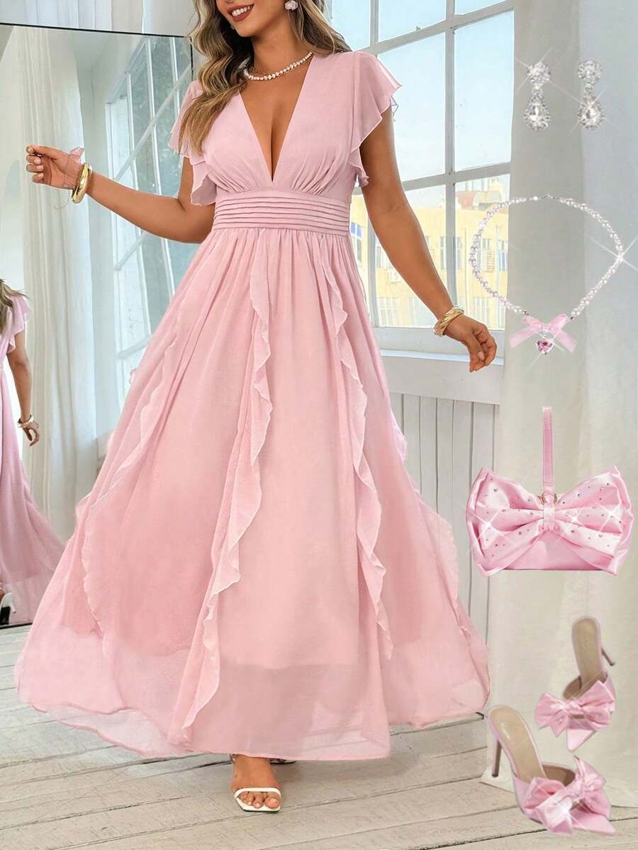 Roveilla Plus Size Elegant Solid Color Ruffle V-Neck Spring/Summer Pleated Dress - Pink - View 1