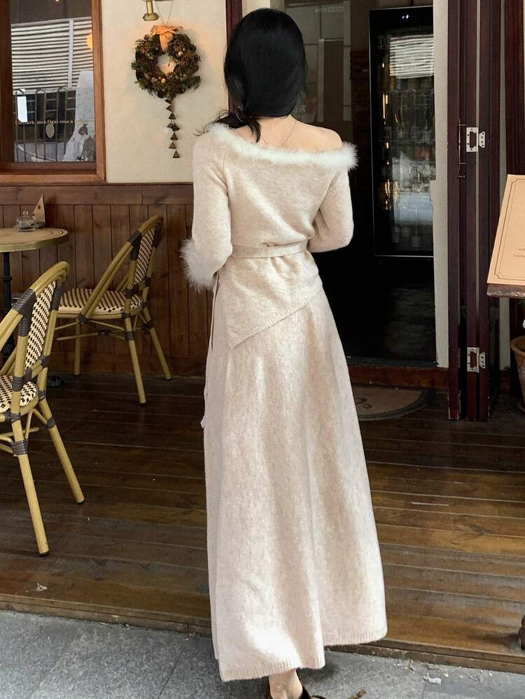 Women's Elegant Contrast Color Fringe Patchwork Asymmetric Waist Tie Sweater & Skirt 2 Pieces Set, Autumn/Winter