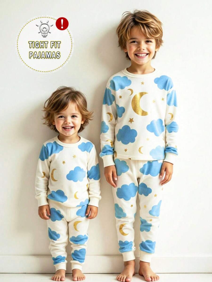 2 pièces/set Haut à manches longues et pantalon de pyjama ajusté avec imprimé lune et nuage, pour jeune garçon, en tricot doux - Rouge - Voir 1