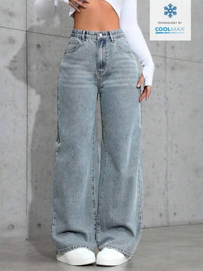 SHEIN PETITE Pantalones vaqueros casuales y versátiles de tiro alto, con bolsillos y pierna ancha para mujer