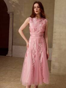 MOTF PREMIUM WOMEN'S LACE EMBROIDERED SPLICE FLORAL TRIM ELEGANT SLEEVELESS MIDI DRESS, SUITABLE FOR DATES, SPRING/SUMMER - Pink - View 5