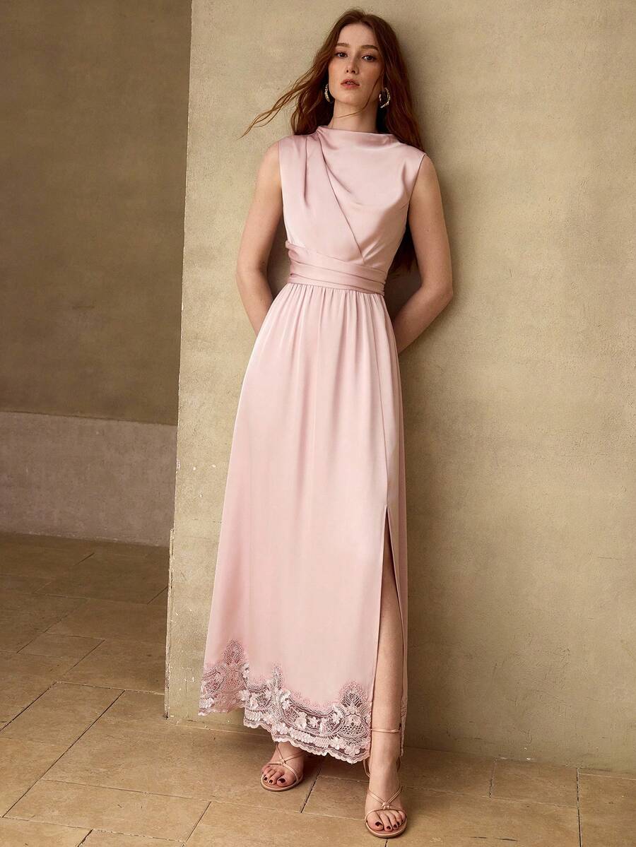 MOTF PREMIUM 女士春夏结构化设计网纱蕾丝刺绣拼接下摆中长连衣裙 - 粉色 - 查看 1