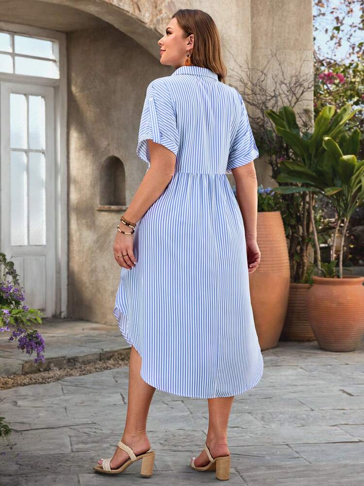 Plus Size Striped Print Button Front Casual Short Sleeve Dress For Summer/ Vacation Vacation Outfits Women Holiday Outfits For Women Beach Vacation Outfits For Women Summer Dress Plus Size Shirt Dress Plus Casual Dress