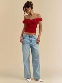 SHEIN BAE Women's White Textured Knit Off-Shoulder Ruffle Front Twist Bodycon Top, Summer Top - Red - View 5