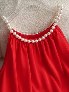 Franclia French-Style Light Luxury Fashion Top, Elegant And Exquisite Tank Top, Fashionable Tank Top With Pearl Chain Collar, Red Tank Top, Summer Tank Top For Women, Summer Wear, Women's Outerwear, Elegant Pearl Tank Top, Versatile Summer Top, Summer Clothing Pearl Strap Top Cute Red Top Red Sleeveless Top Red Summer Top Pearl Chain Top Dress Top - Red - View 7