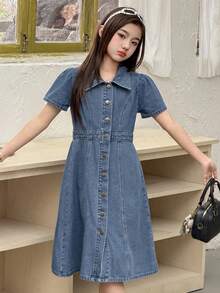 DAZY Đầm denim tay ngắn cổ bẻ cho bé gái tuổi teen, thích hợp cho mùa thu. - Màu xanh lam - Xem 1