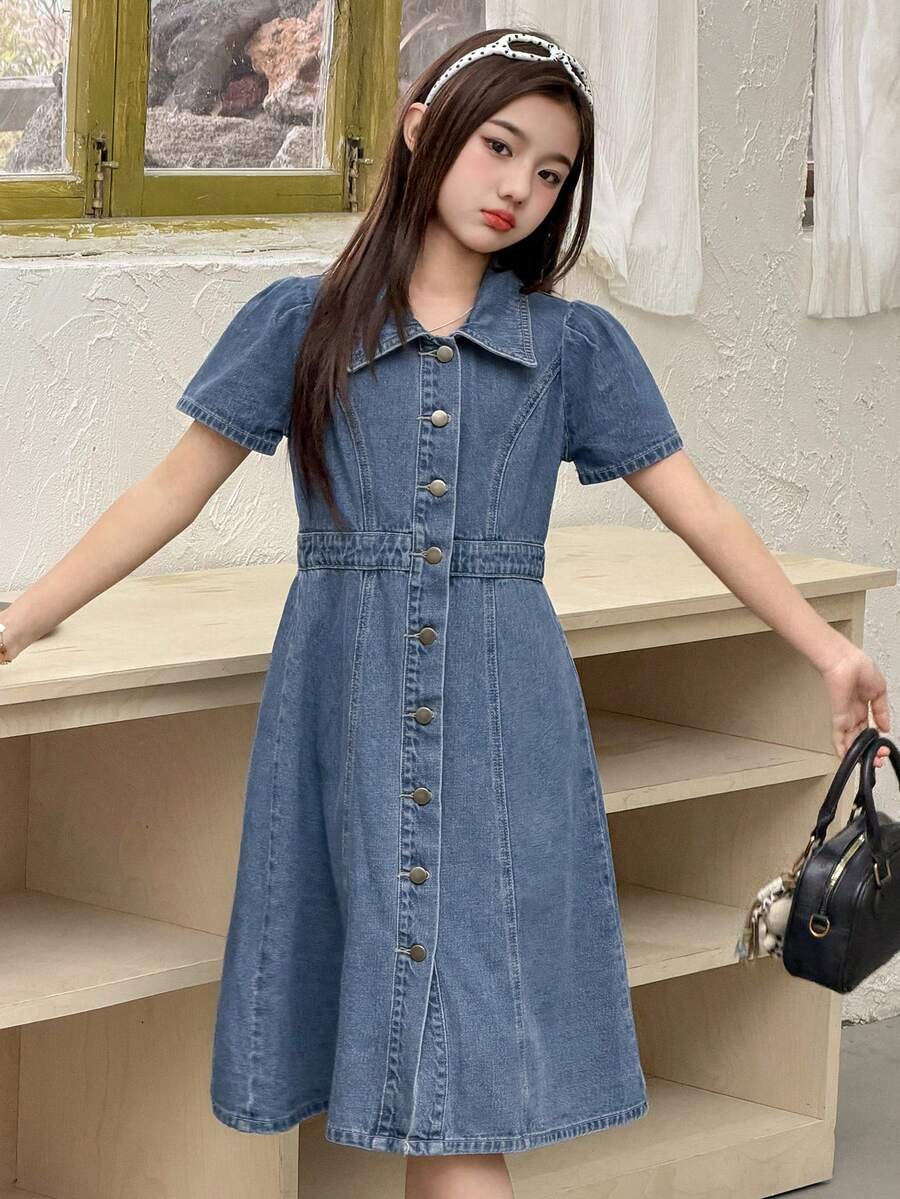 DAZY Đầm denim tay ngắn cổ bẻ cho bé gái tuổi teen, thích hợp cho mùa thu. - Màu xanh lam - Xem 1