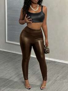 Slaydiva Leggings ajustados de cintura alta de estilo callejero - Marrón Mocha - Ver 4