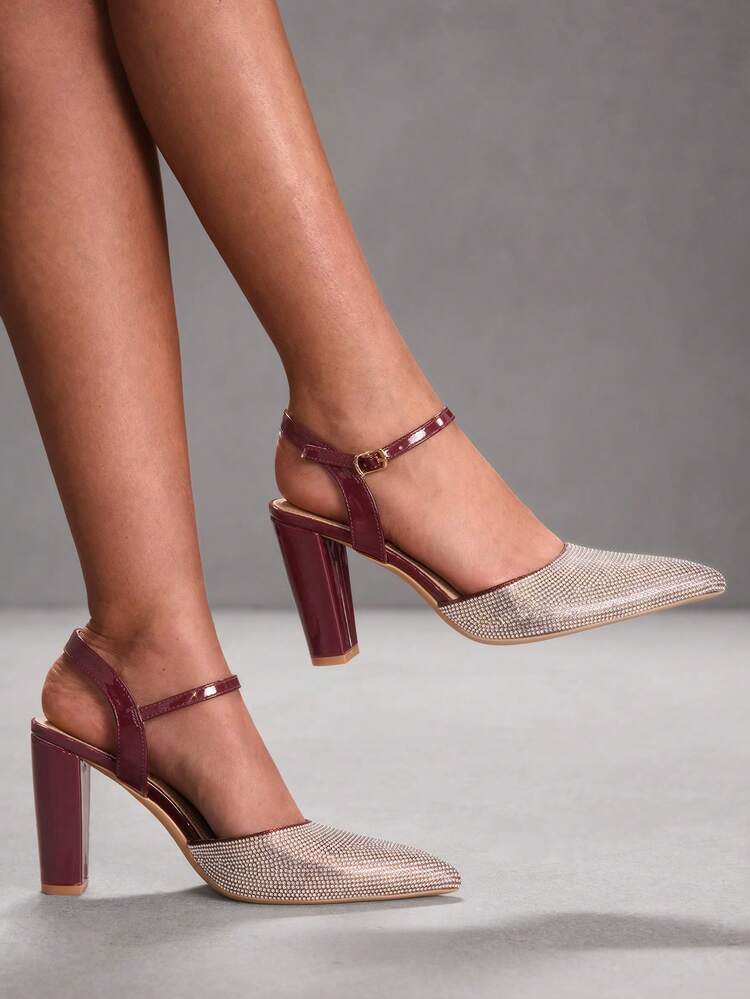 CUCCOO SZL Women's Burgundy Elegant Pointed Toe High Heel Pumps, Rhinestone Decor Chunky Heel Sexy Versatile High Heels, Alluring Party Sexy Ankle Strap High Heel Shoes, Suitable For Office, Outdoor, Wedding, Banquet, Party, Spring, Easter