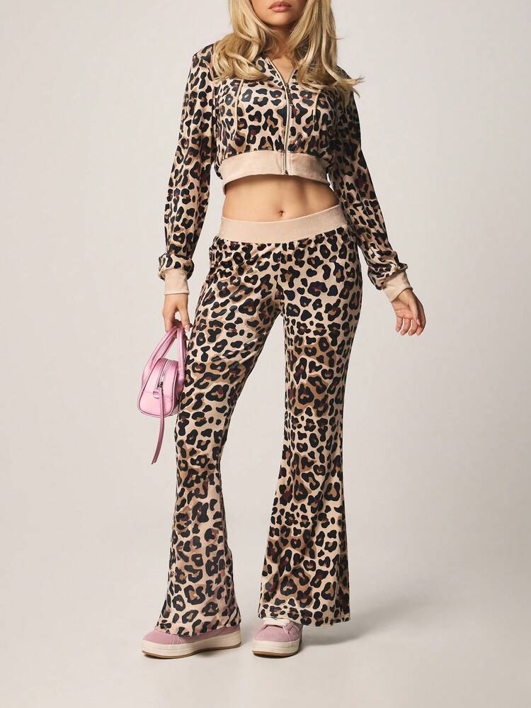 Missguided x Playboy Leopard Print Cropped Hoodie And Wide Leg Flare Pants Two Piece Co Ord Set With Drawstring